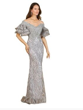Off-Shoulder Lara Silver Sequin Evening Gown , mother of bride or Groom